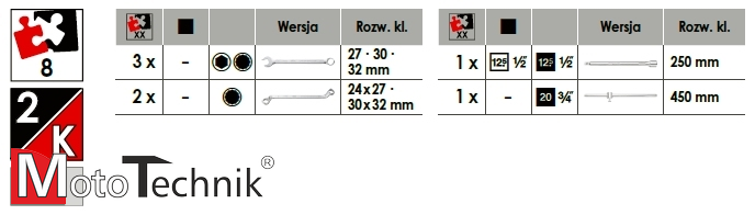 Zestaw kluczy płasko-oczkowych, przedłużek, łyżek montażowych do VW i AUDI VIGOR V6820