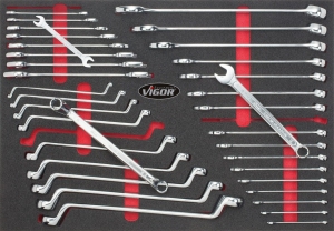 Zestaw dwustronnych kluczy oczkowych, dwustronnych kluczy maszynowych płaskich i kluczy płasko-oczkowych VIGOR V6643