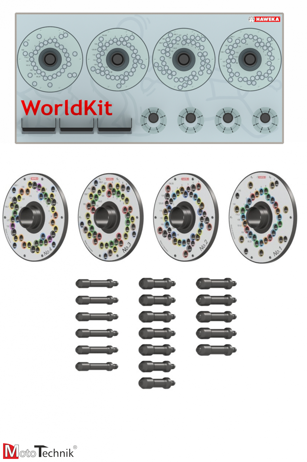 Zestaw płyt dociskowych WORLD KIT II do średnicy wałka 40 mm z uchwytem PowerClamp - HAWEKA (203 018 405)
